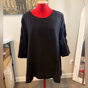 LULU B Textured Black Tunic Top 3/4 Sleeve Pocket 100% Cotton Lagenlook Size XL
